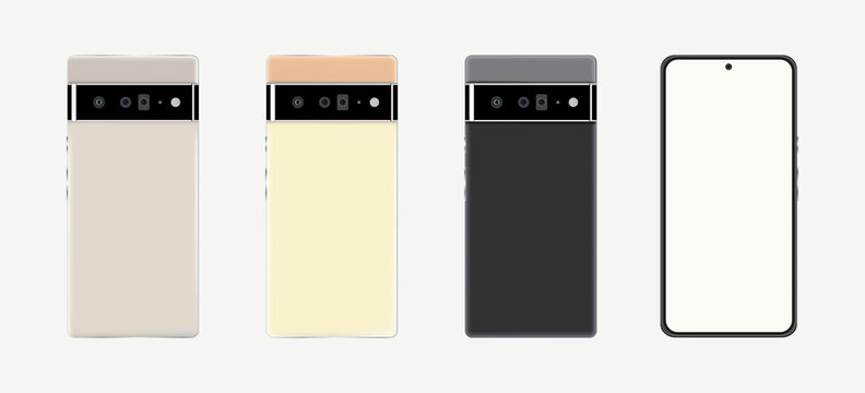 Google Pixel Mobile Set Vector With Colorful Frames And A Triple Camera. Mobile Phone Backside And Front Side View With Blank Screens. Realistic Cell Phone, Frame, Triple Camera, Mobile.