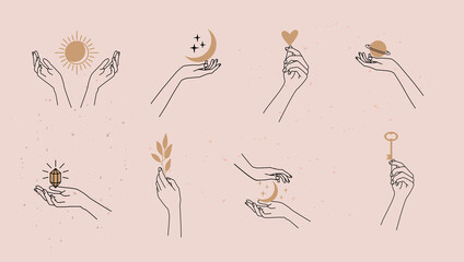 Hand drawn vector mystical and astrology signs. Liner templates logos or emblems hands in different gestures