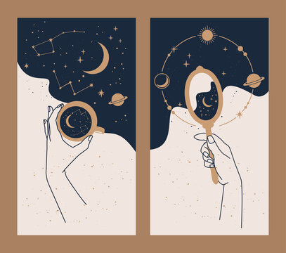 Hand drawn vector collection of astrology and mystical stories templates or banner. Hand holding mug and mirror