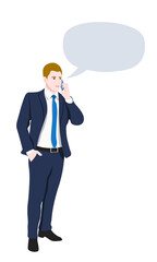 Happy confident businessman speaking on smartphone and gesturing hand to copy space. Business man talking on the mobile phone and standing against isolated white background. Vector illustration.