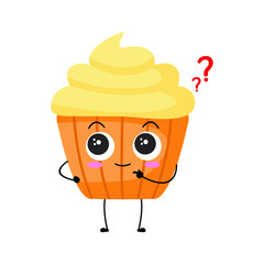 Vector illustration of muffin character with funny expression. Cupcakes. cartoon monster isolated on white background, simple minimal style, for mascot or emoticon collection. curious, ask