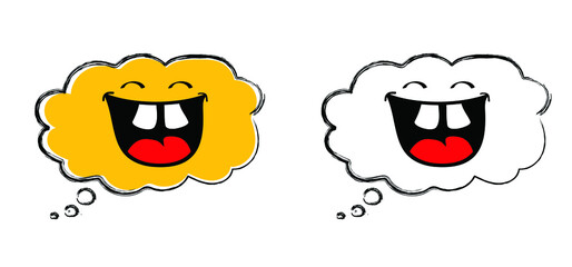 Cartoon speed bubble, speech bubble with happy smile. Big happiness with thoughts or tongue and Laughter lip. Emoji, emotion face symbol. Vector smiling laugh cartoon Lol laughing