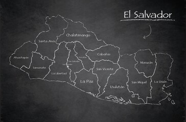 El Salvador map administrative division separates regions and names individual region, design card blackboard chalkboard vector - obrazy, fototapety, plakaty