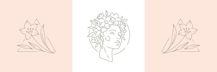 Linear simple logo woman portrait with floral botanical wreath rhombus frame tropical leaves branch