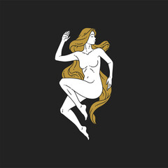 Elegant woman naked body lying long blonde hair top view outline logo vector illustration