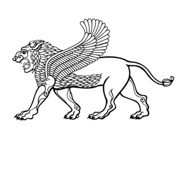 Cartoon drawing: winged  lion, a character in Assyrian mythology. Be used for coloring book. Vector illustration isolated on a white background.