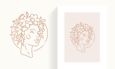 Hand drawn woman head covered by blossom flower in circle frame line art deco simple logo postcard