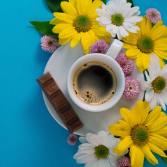 white coffee cup with espresso, flowers on a blue background with free space for text