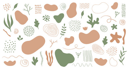 Organic shapes, spots, plants, lines. Vector set of trendy abstract hand drawn earth tone elements for graphic design