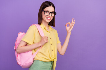 Profile side photo of young lady backpack study show okey symbol approve good isolated over violet color background
