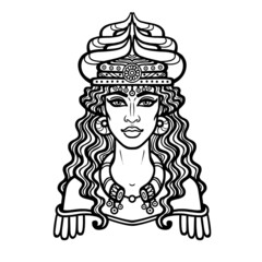 Cartoon drawing: a beautiful woman in a horned crown, a character in Assyrian mythology. Ishtar, Astarta, Inanna. Vector illustration isolated on a white background.