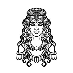Cartoon drawing: a beautiful woman with an ancient hairstyle, a character in Assyrian mythology. Vector illustration isolated on a white background.