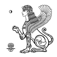 Animation drawing: sphinx woman with lion body and wings, a character in Assyrian mythology. Ishtar, Astarta, Inanna. Vector illustration isolated on a white background.