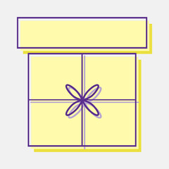 Light yellow designer gift box. Box lid raised. Purple outline, bow and ribbon. Top front. Empty case ajar. Linear and flat style. Fashionable design style. Vector gift, surprise. Close-up. Copyspace