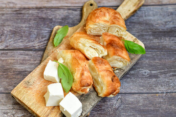 Bakery .Home made  cheese pie  with phyllo pastry and organic eggs. Traditional Bulgarian banitsa with white  feta cheese