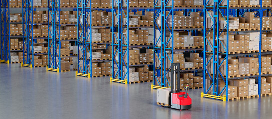 Warehouse Scene with High Shelves and Reach Fork Track. Logistics Concept. 3D illustration	
