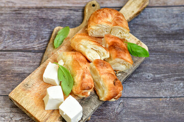 Bakery .Home made  cheese pie  with phyllo pastry and organic eggs. Traditional Bulgarian banitsa with white  feta cheese