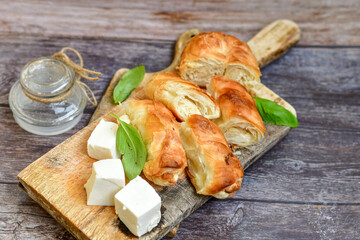 Bakery .Home made  cheese pie  with phyllo pastry and organic eggs. Traditional Bulgarian banitsa with white  feta cheese