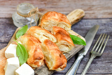 Bakery .Home made  cheese pie  with phyllo pastry and organic eggs. Traditional Bulgarian banitsa with white  feta cheese