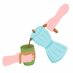 Hands pouring coffee from a geyser coffee maker into a reusable eco-friendly glass. Concept of conscious consumption. Illustration in flat style, isolated on white background.