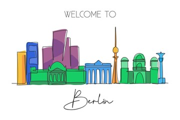One continuous line drawing Berlin city skyline. Beautiful city skyscraper landscape. World home decor wall art poster art tourism travel vacation concept. Single line draw design vector illustration © Simple Line