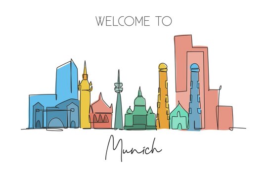 One single line drawing of Munich city skyline. Munchen city skyscraper landscape in world. Best destination holiday vacation wall decor poster concept. Continuous line draw design vector illustration
