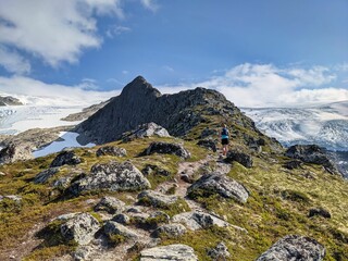 hiking between the great glaciers in norway. Jostedalsbreen National park, Kattanakkjen. adventure.Travel in Scandinavia