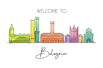 One continuous line drawing of Bologna city skyline, Italy. Beautiful skyscraper. World landscape tourism travel vacation wall decor print concept. Stylish single line draw design vector illustration © Simple Line