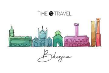 One single line drawing of Bologna city skyline, Italy. Historical skyscraper landscape in world. Best holiday destination wall decor poster art. Trendy continuous line draw design vector illustration © Simple Line