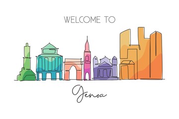 One continuous line drawing of Genoa city skyline, Italy. Beautiful skyscraper. World landscape tourism travel vacation concept wall decor poster. Stylish single line draw design vector illustration