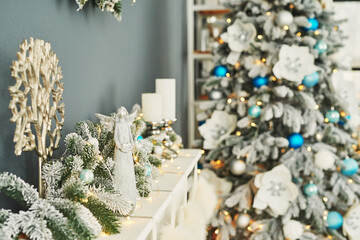 Christmas living room. Blue and white decor christmas tree background. New Year celebration. Merry Christmas and Happy New Year.
