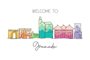 One continuous line drawing of Granada city skyline, Spain. Beautiful skyscraper. World landscape tourism travel vacation concept wall decor poster. Stylish single line draw design vector illustration