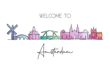 Single continuous line drawing of Amsterdam city skyline, Netherlands. Famous skyscraper landscape postcard. World travel wall decor poster art concept. Modern one line draw design vector illustration