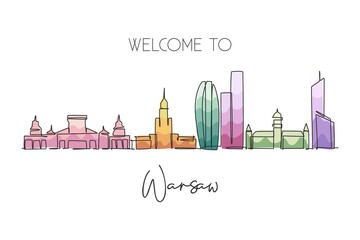 Fototapeta premium One single line drawing of Warsaw city skyline, Poland. Historical skyscraper landscape in world. Best holiday destination wall decor poster art. Trendy continuous line draw design vector illustration