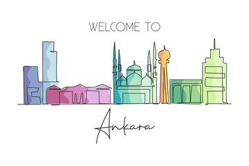 Single continuous line drawing of Ankara city skyline, Turkey. Famous city scraper landscape. World travel home wall decor art poster print concept. Modern one line draw design vector illustration
