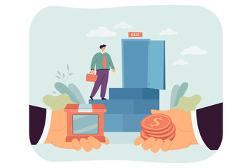 Change of ownership and sale of company by owner. Businessman selling, climbing to exit door of business, entrepreneurs hands making deal flat vector illustration. Bankruptcy, trade, buyout concept