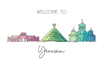 Naklejka premium One continuous line drawing of Yerevan city skyline, Armenia. Beautiful landmark. World landscape tourism travel vacation poster. Editable stylish stroke single line draw design vector illustration
