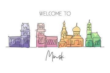 Single continuous line drawing of Minsk city skyline, Belarus. Famous city scraper and landscape home wall decor poster print art. World travel concept. Modern one line draw design vector illustration