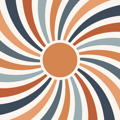 Retro style illustration with colorful (orange, brown, blue, navy blue, beige) curvy sun rays on pastel grey background for summer lovers