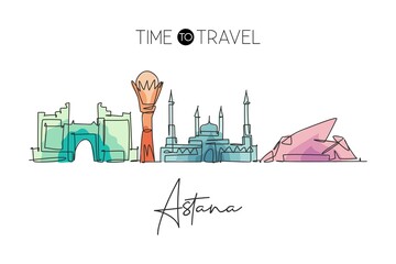 Fototapeta premium One continuous line drawing of Astana city skyline, Kazakhstan. Beautiful landmark. World landscape tourism travel vacation poster. Editable stylish stroke single line draw design vector illustration