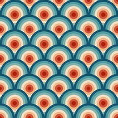 Abstract illustration of Japanese seamless colorful (red, orange, beige, blue, turquoise, navy blue) Seigaiha waves pattern in retro style 
