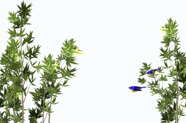 3D rendering image of litlle blue birds jump in bamboo forest