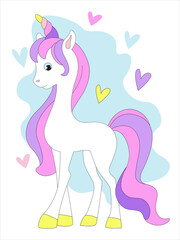 Beautiful cute pink Unicorn with pink heart. Cartoon vector illustration