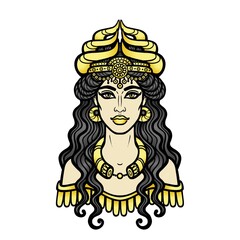 Cartoon drawing: beautiful woman in a horned crown, a character in Assyrian mythology. Ishtar, Astarta, Inanna. Vector illustration isolated on a black background.