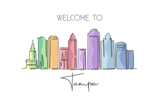 Single continuous line drawing of Tampa city skyline, USA. Famous city scraper and landscape. World travel concept home wall decor poster print art. Modern one line draw design vector illustration