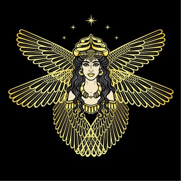 Cartoon drawing: beautiful winged woman in a horned crown, a character in Assyrian mythology. Ishtar, Astarta, Inanna. Vector illustration isolated on a black background.