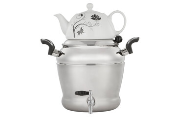 Kitchen kettle and teapot on white background