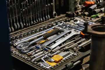 Fototapeta premium Car service tool kit, wrench, screwdriver, hammer