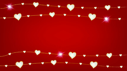 Trendy red background with garlands of hearts. Modern luxury style. Happy Valentines day  banner. Horizontal poster, banner, header for website