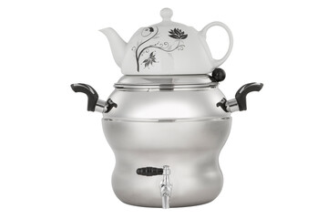 Kitchen kettle and teapot on white background
